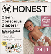 The Honest Company Comfort Dry Disposable Daytime Diapers for Sensitive Skin, Hypoallergenic, Fragrance-Free, Fall '25 Seasonal Prints, Club Box, Size 1 (8-14 lbs), 78 Count