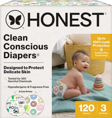 The Honest Company Comfort Dry Disposable Daytime Diapers for Sensitive Skin, Hypoallergenic, Barnyard Babies + Donut Grow Up, Super Club Box Size 3 (16–28 lbs), 120 Count