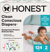 The Honest Company Comfort Dry Disposable Daytime Diapers for Sensitive Skin, Hypoallergenic, Fragrance-Free, Multi-Colored Giraffes + Barnyard Babies, Super Club Box Size 2 (12-18 lbs), 124 Count
