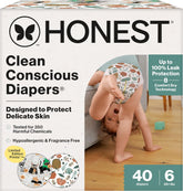 The Honest Company Comfort Dry Disposable Daytime Diapers for Sensitive Skin, Hypoallergenic, Fragrance-Free, Fall '25 Seasonal Prints, Club Box, Size 6 (35 lbs), 40 Count