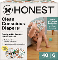 The Honest Company Comfort Dry Disposable Daytime Diapers for Sensitive Skin, Hypoallergenic, Fragrance-Free, Fall '25 Seasonal Prints, Club Box, Size 6 (35 lbs), 40 Count