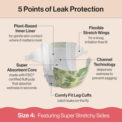 The Honest Company Clean Conscious Diapers®, Up to 100% Leak Protection, Designed to Protect Delicate Skin, Hypoallergenic + Fragrance-Free, UR Ribbiting + Waddle It Be, Club Box, Size 4, 54 Count