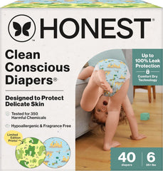 The Honest Company Clean Conscious Diapers®, Up to 100% Leak Protection, Designed to Protect Delicate Skin, Hypoallergenic + Fragrance-Free, UR Ribbiting + Waddle It Be, Club Box, Size 6, 40 Count
