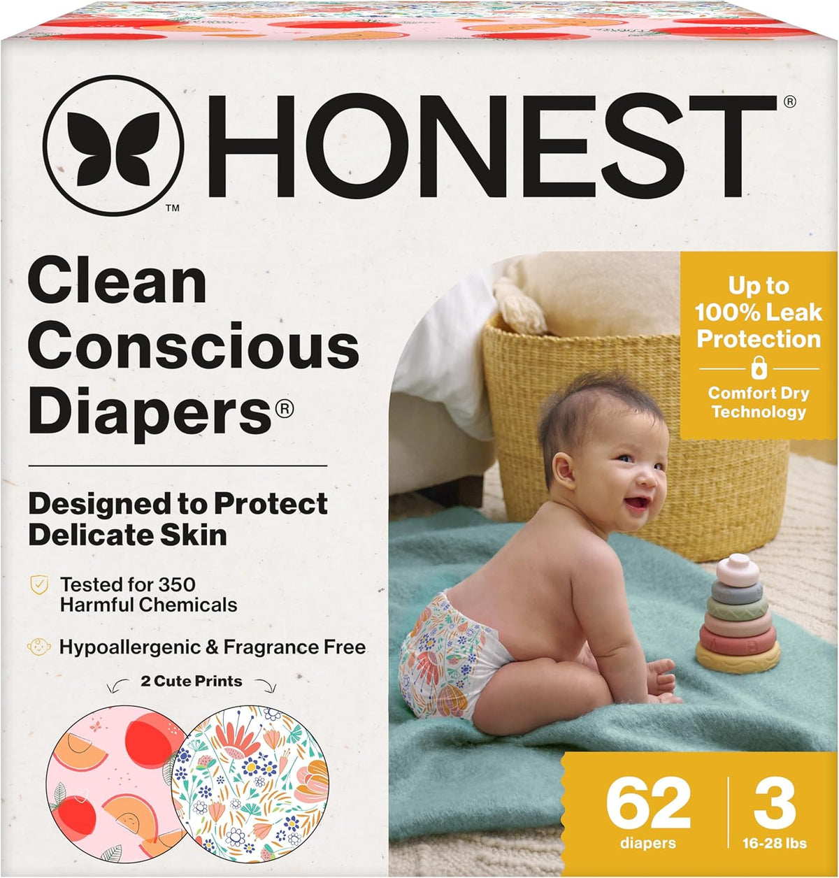 The Honest Company Comfort Dry Disposable Daytime Diapers for Sensitive Skin, Hypoallergenic, Fragrance-Free, Just Peachy + Flower Power, Club Box, Size 3 (16-28 lbs), 62 Count