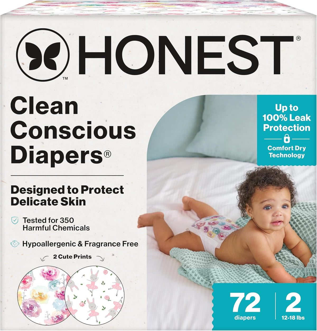 The Honest Company Comfort Dry Disposable Daytime Diapers, Hypoallergenic, Fragrance-Free, Sensitive Skin, Rose Blossom + Tutu Cute, Club Box Size 2 (12–18 lbs), 72 Count