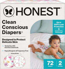 The Honest Company Comfort Dry Disposable Daytime Diapers, Hypoallergenic, Fragrance-Free, Sensitive Skin, Rose Blossom + Tutu Cute, Club Box Size 2 (12–18 lbs), 72 Count