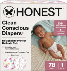 The Honest Company Comfort Dry Disposable Daytime Diapers for Sensitive Skin, Hypoallergenic, Rose Blossom + Tutu Cute, Club Box Size 1 (8–14 lbs), 78 Count