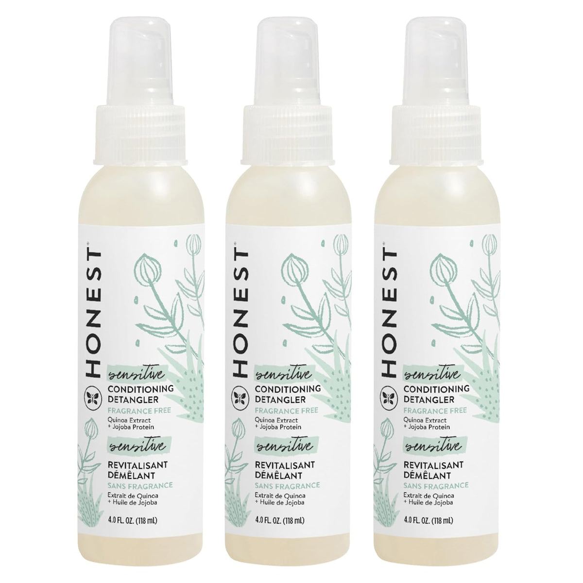 The Honest Company Fragrance-Free Conditioning Hair Detangler Tear-Free Hypoallergenic Leave-In Conditioner and Fortifying Spray for Sensitive Skin 4 fl oz (Pack of 3)