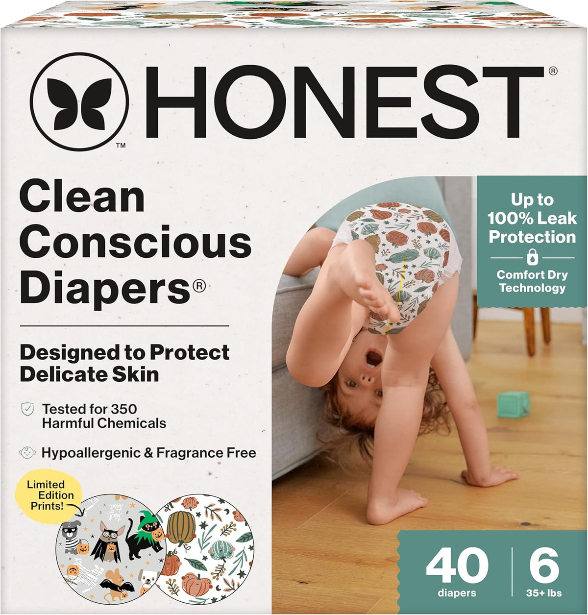 The Honest Company Comfort Dry Disposable Daytime Diapers for Sensitive Skin, Hypoallergenic, Fragrance-Free, Fall '25 Seasonal Prints, Club Box, Size 6 (35 lbs), 40 Count
