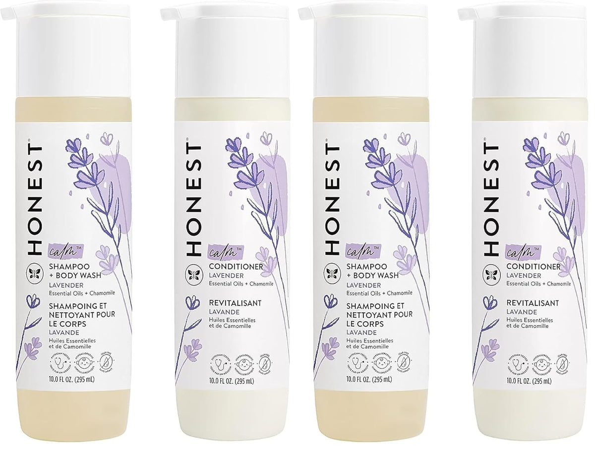 The Honest Company Baby Shampoo, Body Wash & Conditioner Duo, 2-in-1 Cleansing, Silicone-Free, Naturally Derived, Lavender Calm Scent, 10 fl oz (Pack of 4)